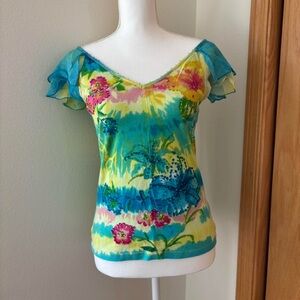 Women's 100% Cotton Floral Tie-Dye V-Neck Ruffle Sleeve Camisole - Blue & Yellow